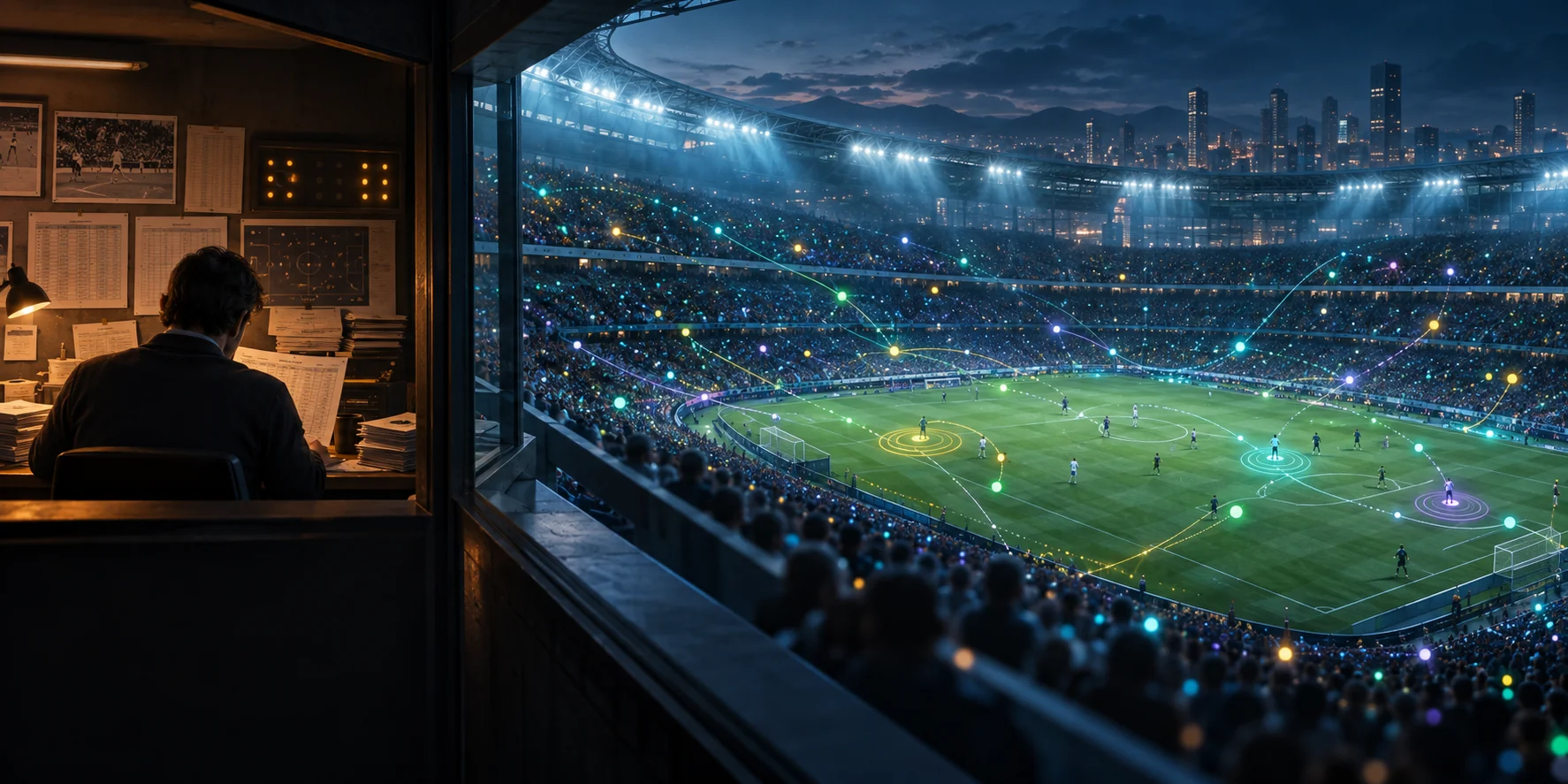 A statistics booth opening onto a live stadium where movement is represented by glowing visitor bubbles and flow lines